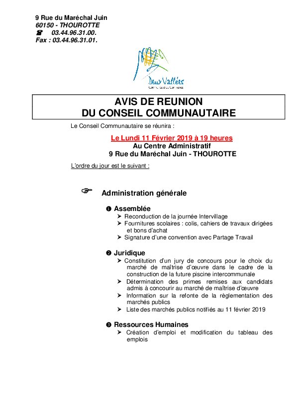 Ordre du jour du Conseil Communataire de février 2019