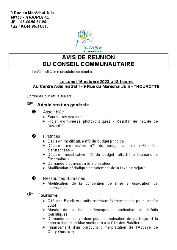 Ordre du jour du Conseil Communautaire du 16 octobre 2023