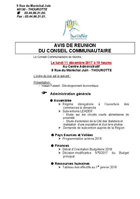 Ordre du jour du Conseil Communautaire du 11 décembre 2017