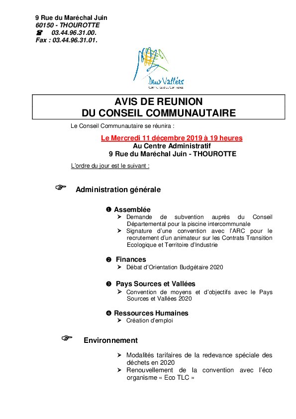 Ordre du jour du Conseil Communautaire du 11 décembre 2019