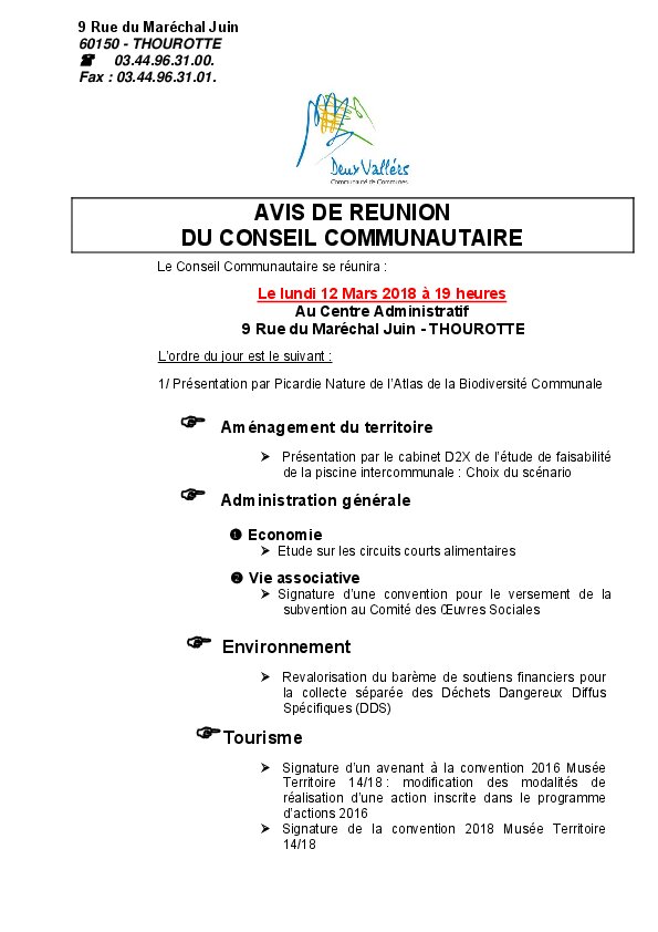 Ordre du jour du Conseil Communautaire du 12 mars 2018