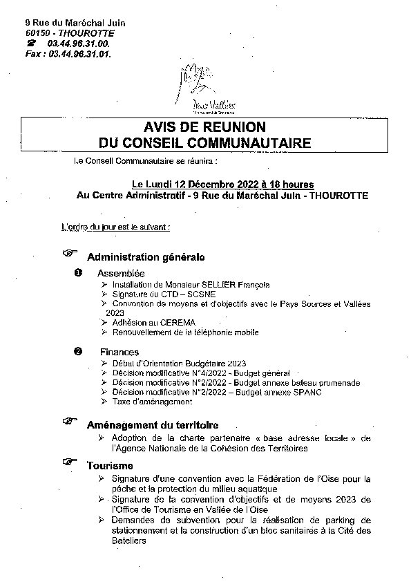Ordre du jour du Conseil Communautaire du 12 décembre 2022
