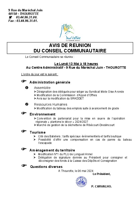 Ordre du jour du Conseil Communautaire du 13 mai 2024