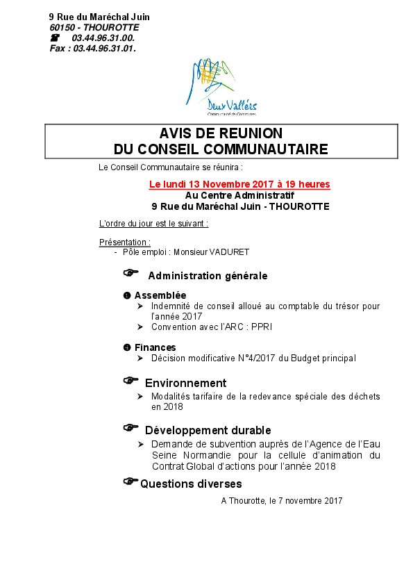 Ordre du jour du Conseil Communautaire du 13 novembre 2017