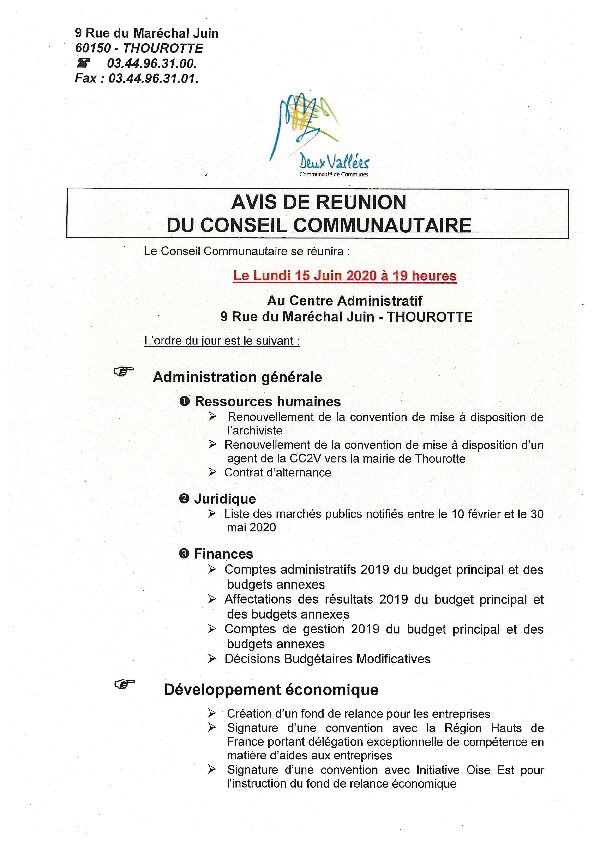 Ordre du jour du Conseil du 15 juin 2020