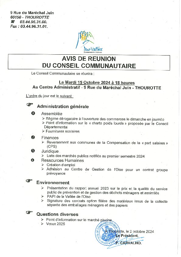 Ordre du jour du 15 octobre 2024