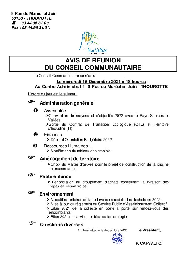 Ordre du jour du Conseil Communautaire du 15 décembre 2021