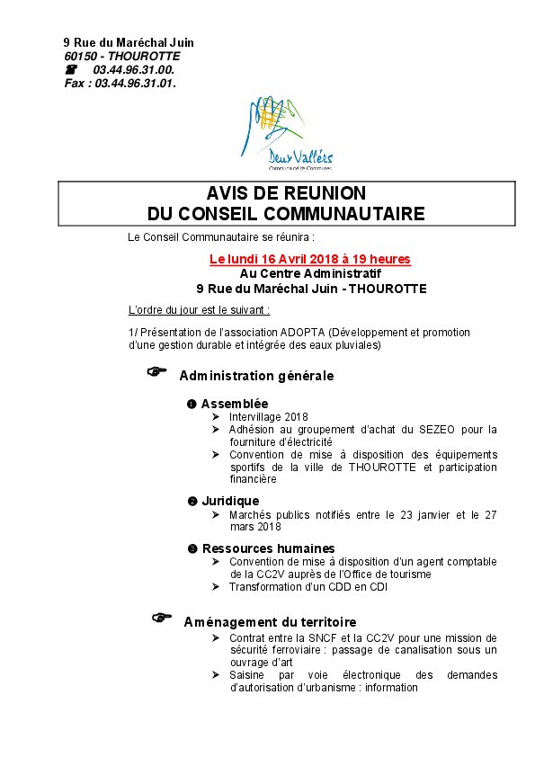 Avis du Conseil Communautaire d'avril 2018