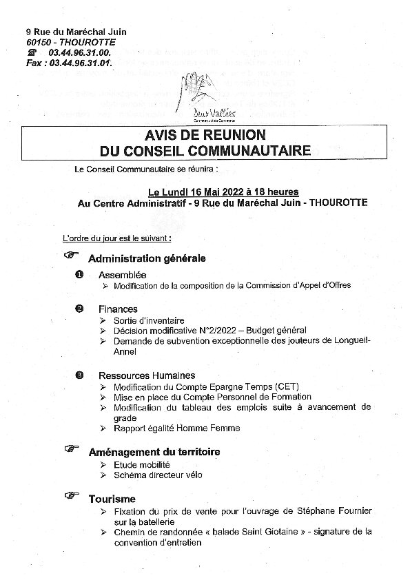 Ordre du jour du Conseil Communautaire de la CC2V du 16 mai 2022