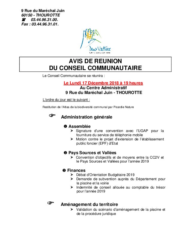 Ordre du jour du Conseil Communautaire du 17 décembre