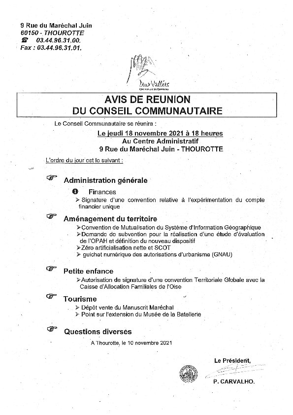 Ordre du jour du Conseil Communautaire CC2V du 18 Novembre 2021
