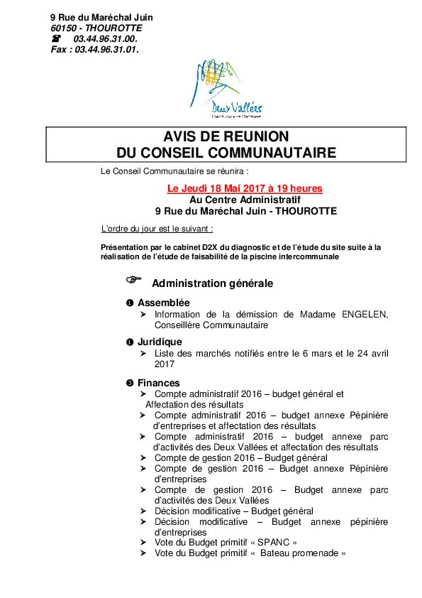 Ordre du jour du Conseil Communautaire de la CC2V du 18 mai 2017