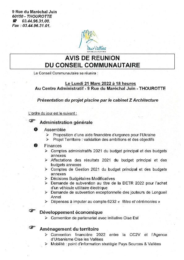Ordre du jour du Conseil Communautaire de la CC2V du 21 mars 2022
