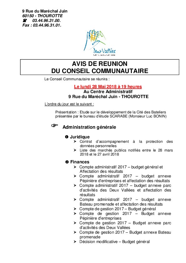 Ordre du jour du Conseil Communautaire du 28 mai 2018