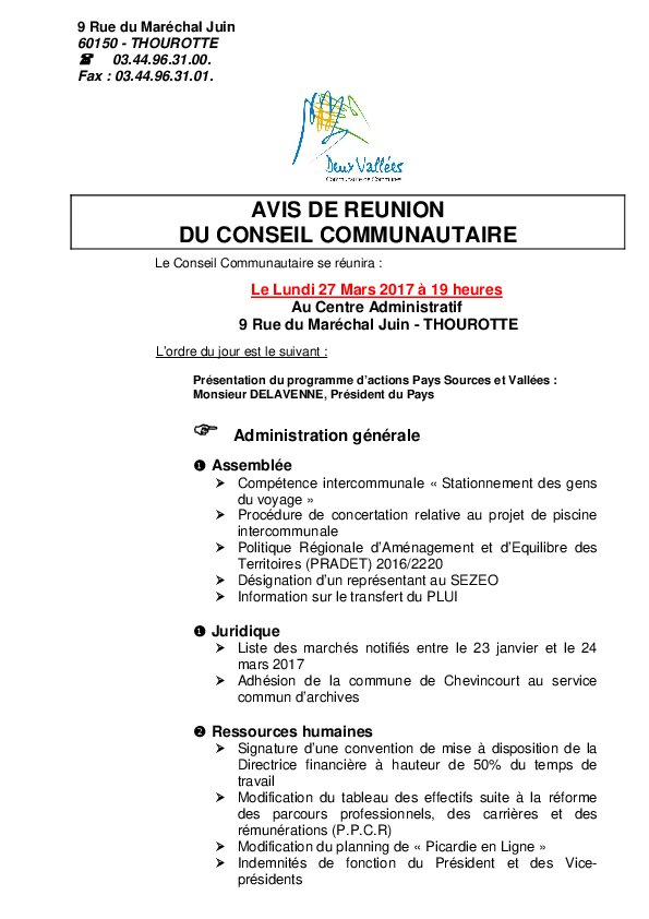 Ordre du jour du Conseil Communautaire du 27 mars 2017