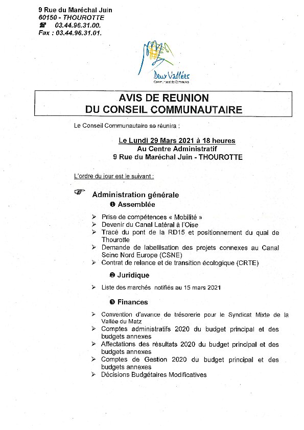 Ordre du jour du Conseil Communautaire du 29 mars 2021