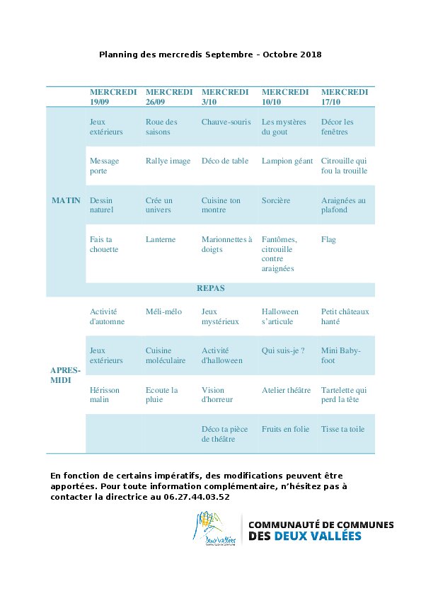 Planning d'activités des mercredis sept oct 2018