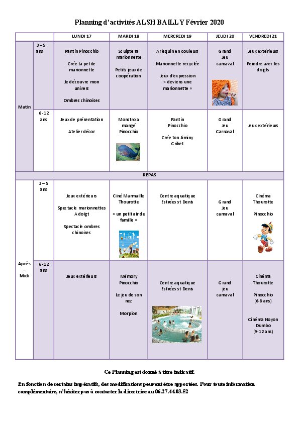 PLANNING D'ACTIVITÉS DU CENTRE DE LOISIRS DE BAILLY HIVER S1