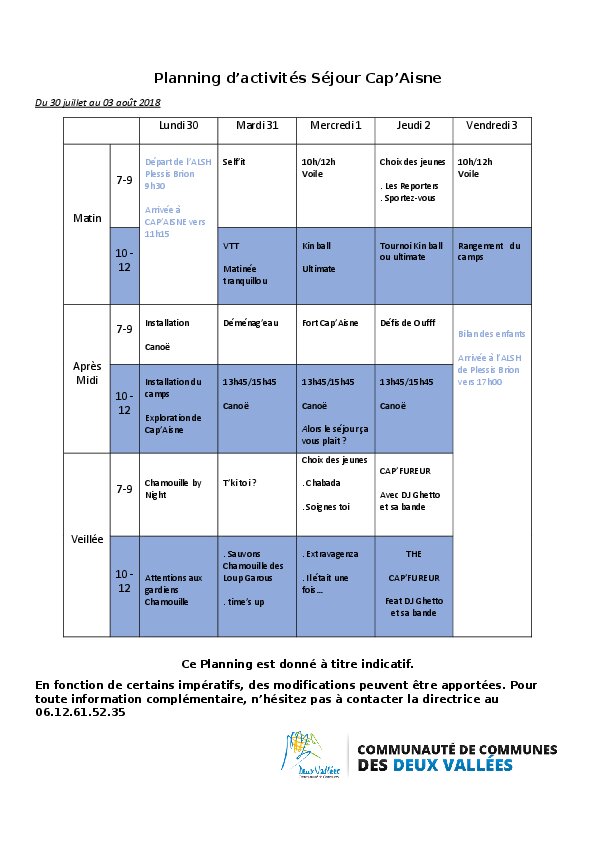 Planning d’activités Séjour Cap'Aisne