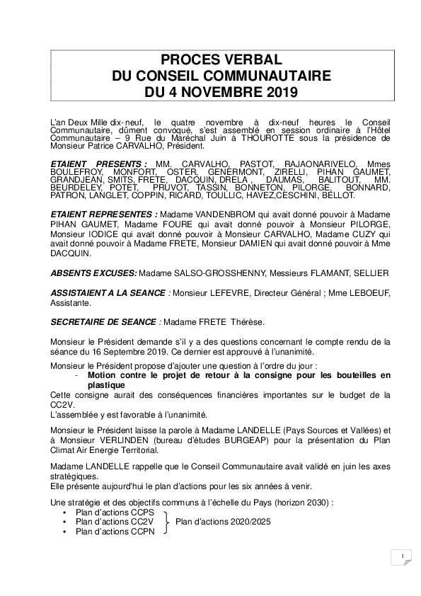 Procès verbal du Conseil Communautaire du 04 novembre 2019