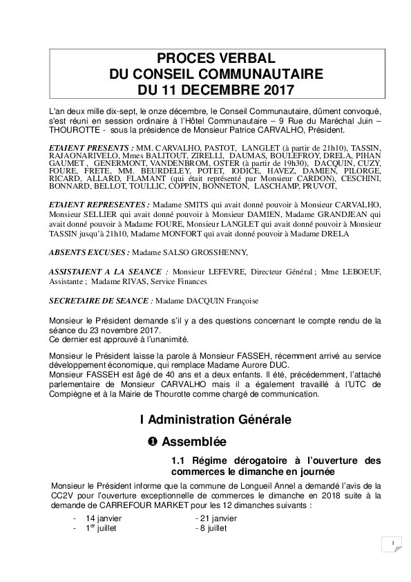 Compte rendu du Conseil Communautaire du 11 décembre 2017