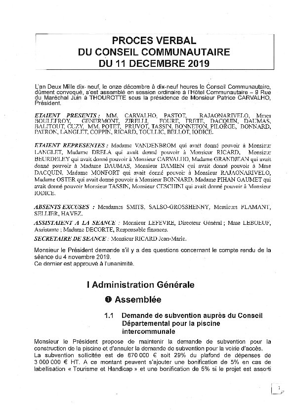 Compte rendu du Conseil Communautaire du 11 décembre 2019