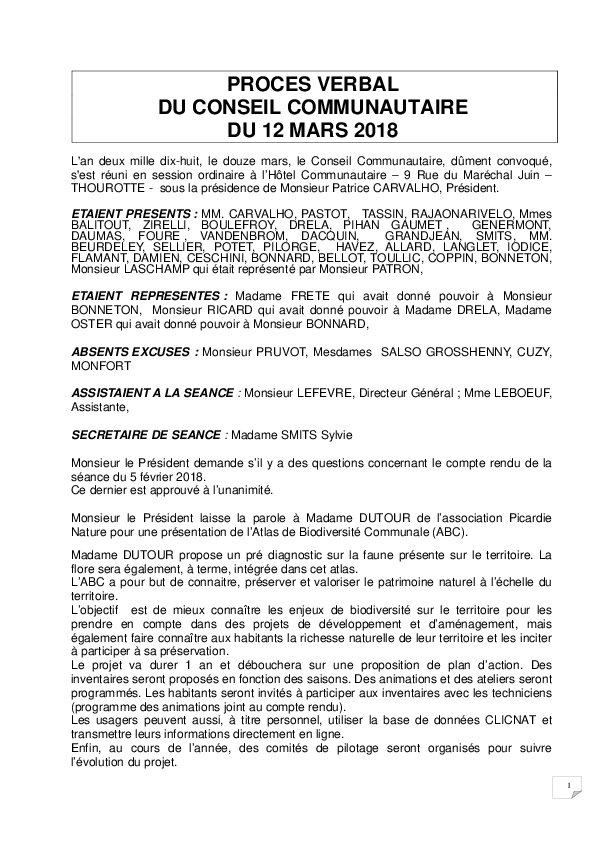 Compte rendu du Conseil Communautaire du 12 mars 2018