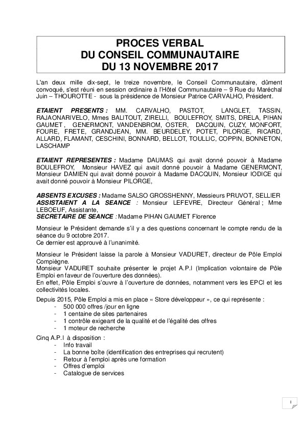Compte rendu du Conseil Communautaire du 13 novembre 2017