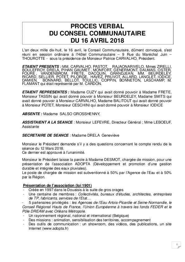 Compte rendu du Conseil Communautaire du 16 avril 2018