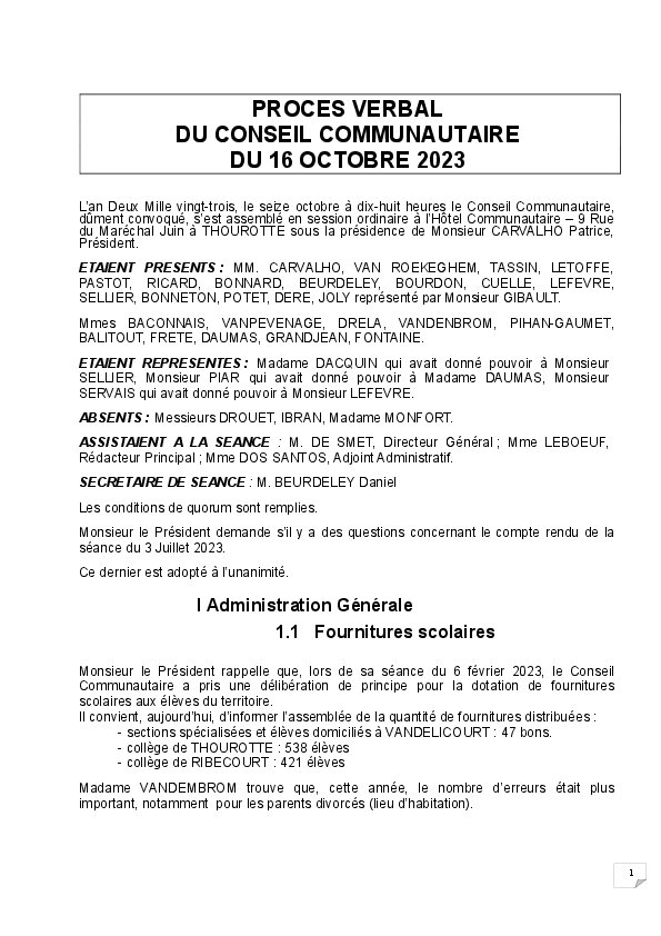 Procès verbal du Conseil Communautaire du 16 octobre 2023