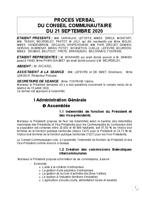 Procès verbal du Conseil Communautaire du 21 septembre 2020