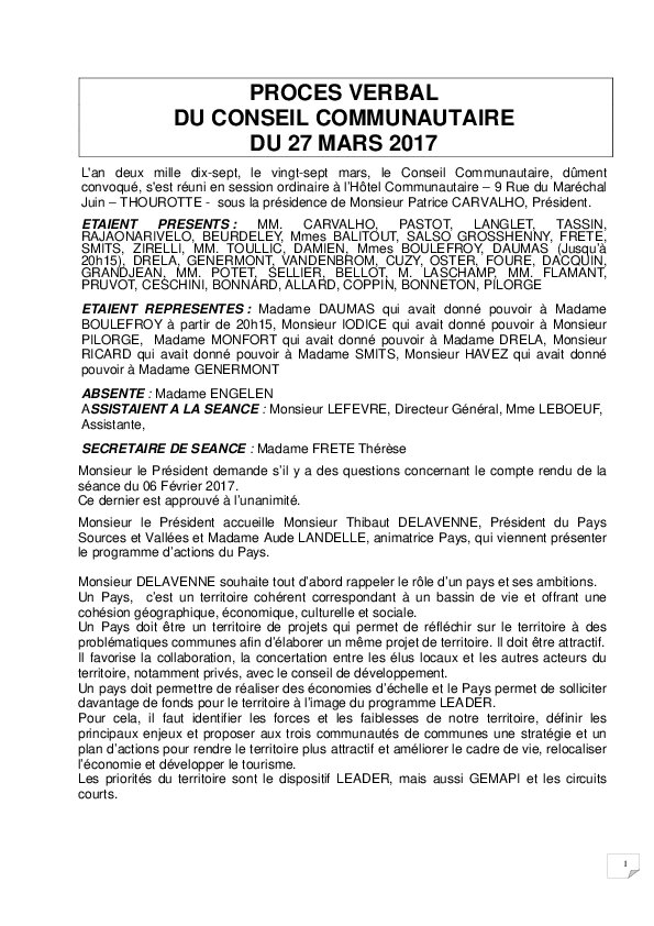 Compte rendu Conseil Communautaire du 27 mars 2017