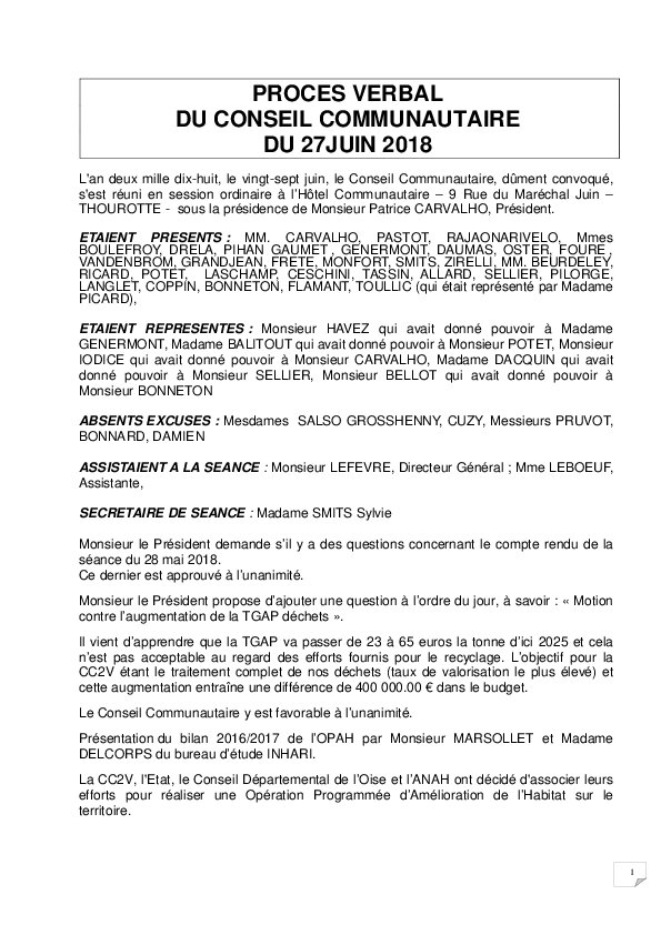 Compte rendu du Conseil Communautaire du 27 juin 2018