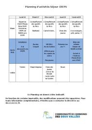 Planning d’activités Séjour CREPS 