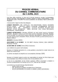 Procès verbal du Conseil Communautaire du 3 avril 2023